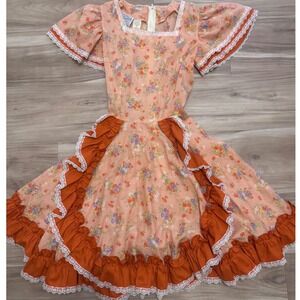 Rockmount Ranch Wear Girls Square Neck Floral Prairie Dress Ruffles Lace x1